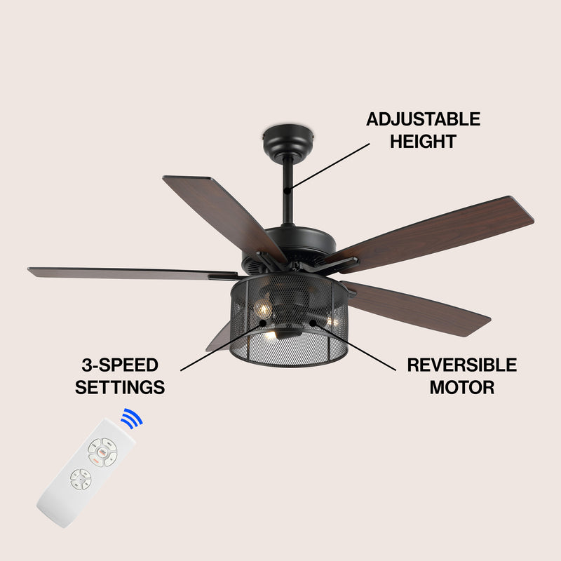 Max 52"  Farmhouse Industrial Iron/Wood Mobile-App/Remote-Controlled LED Ceiling Fan