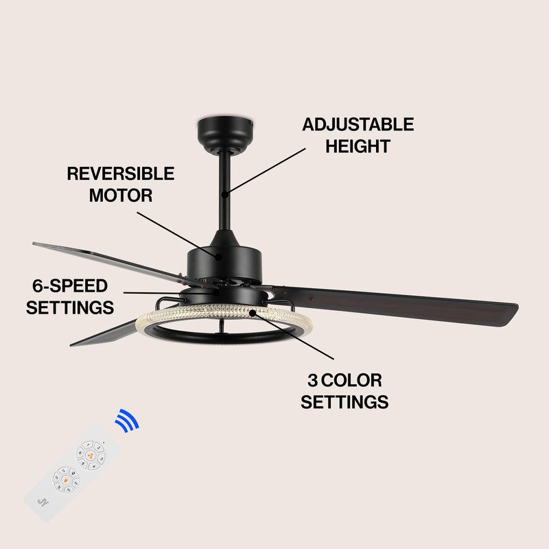 Remy 52" Modern Industrial Iron/Acrylic/Wood Remote-Controlled 6-Speed Integrated LED Ceiling Fan - JONATHAN Y