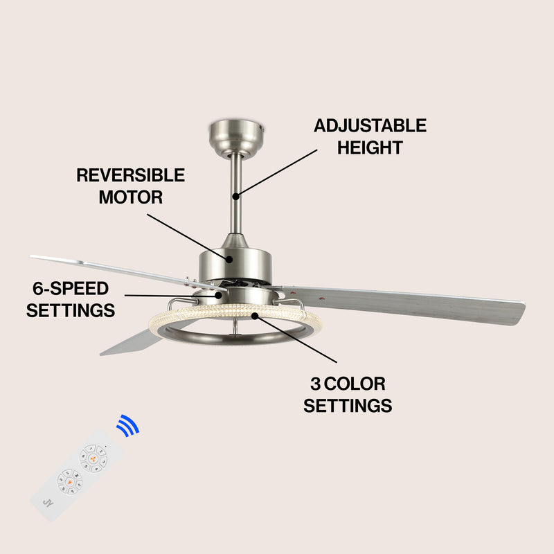 Remy 52" Modern Industrial Iron/Acrylic/Wood Remote-Controlled 6-Speed Integrated LED Ceiling Fan - JONATHAN Y