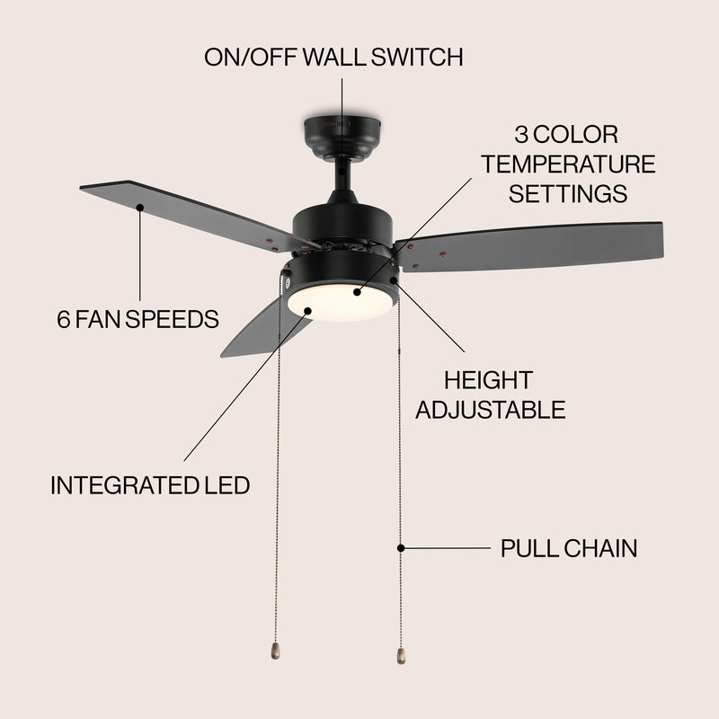 Blair 42" 1-Light Modern Minimalist 3-Speed Iron Height Adjustable Integrated LED Ceiling Fan with Pull Chains - JONATHAN Y