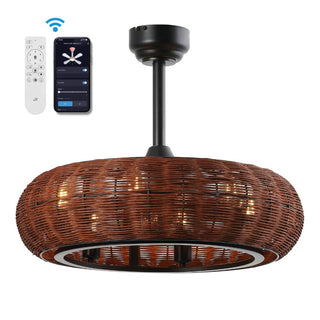 Cassidy 23" 6-Light Modern Bohemian 6-Speed Metal/Rattan Mobile-App/Remote-Controlled Height-Adjustable Lantern LED Ceiling Fan - JONATHAN Y