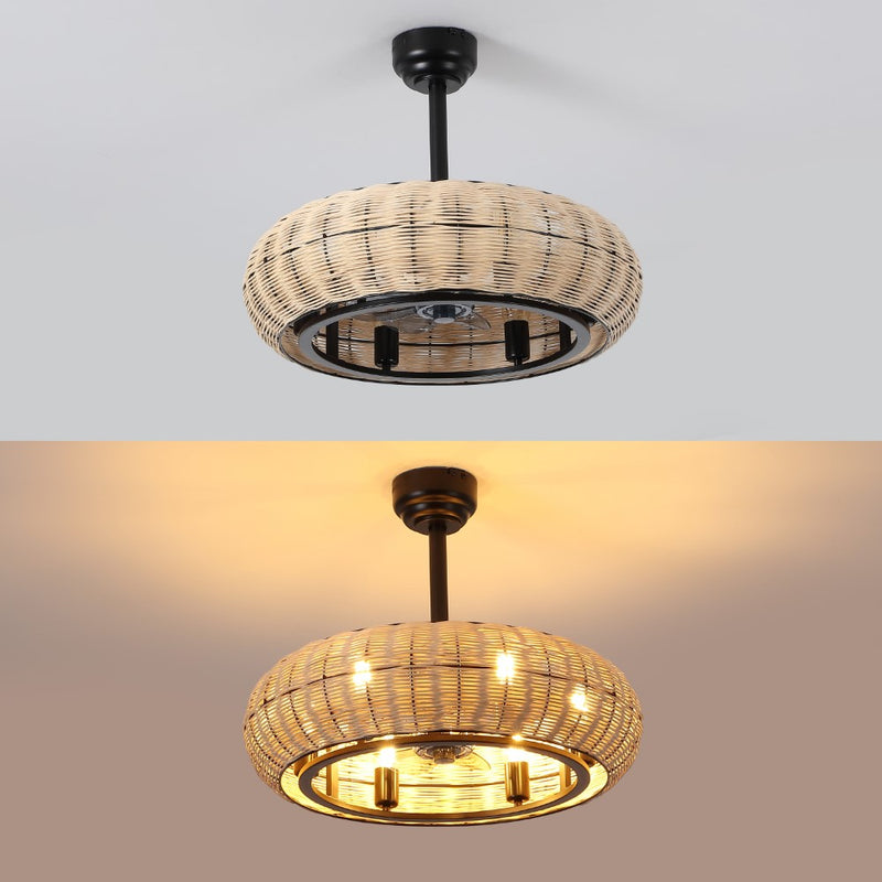 Cassidy 23" 6-Light Modern Bohemian 6-Speed Metal/Rattan Mobile-App/Remote-Controlled Height-Adjustable Lantern LED Ceiling Fan - JONATHAN Y