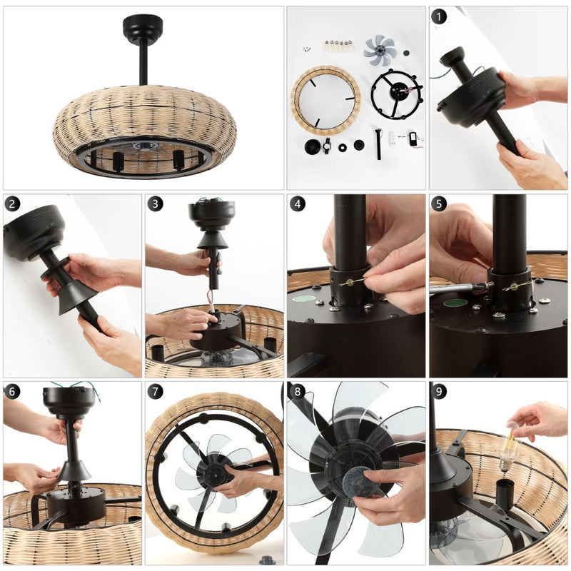 Cassidy 23" 6-Light Modern Bohemian 6-Speed Metal/Rattan Mobile-App/Remote-Controlled Height-Adjustable Lantern LED Ceiling Fan - JONATHAN Y