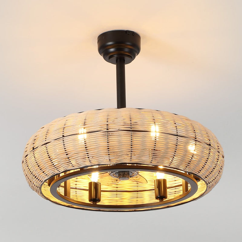 Cassidy 23" 6-Light Modern Bohemian 6-Speed Metal/Rattan Mobile-App/Remote-Controlled Height-Adjustable Lantern LED Ceiling Fan - JONATHAN Y
