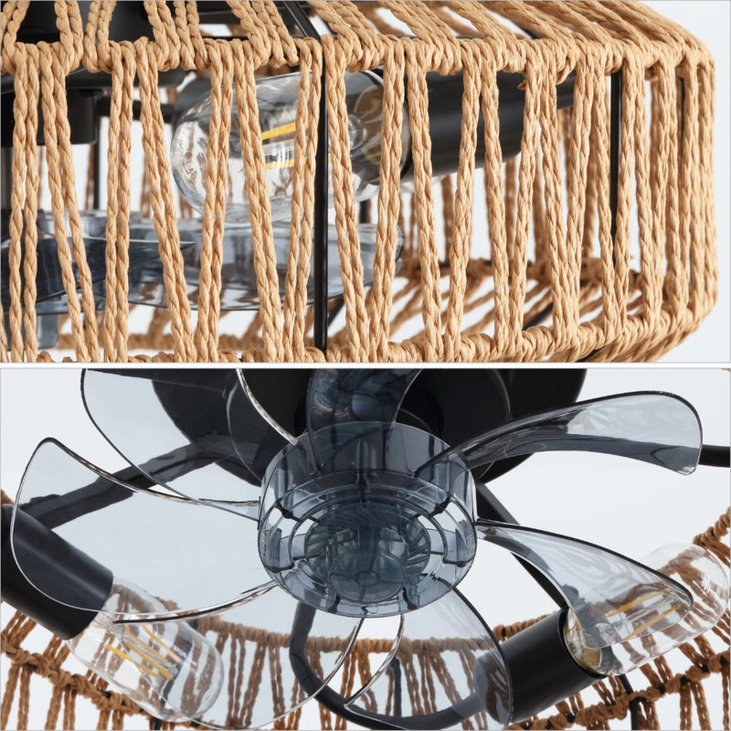 Rowan 19.5" 4-Light Modern Bohemian 6-Speed Metal/Rattan Mobile-App/Remote-Controlled Lantern LED Ceiling Fan - JONATHAN Y