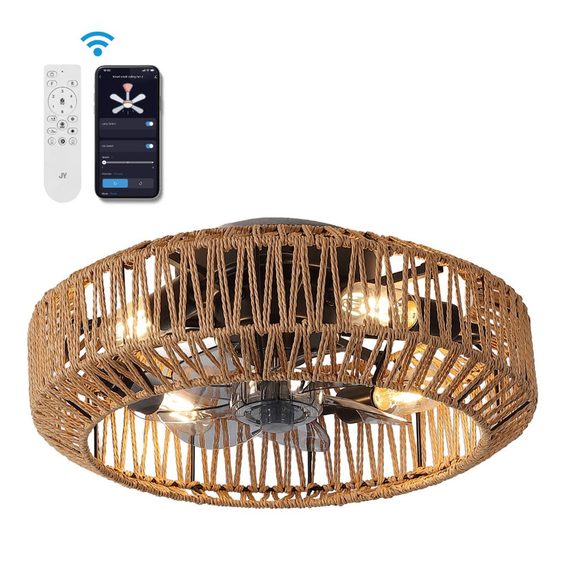 Rowan 19.5" 4-Light Modern Bohemian 6-Speed Metal/Rattan Mobile-App/Remote-Controlled Lantern LED Ceiling Fan - JONATHAN Y