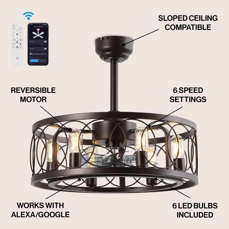Celeste 21.6" 6-Light Industrial Farmhouse 6-Speed Metal Mobile-App/Remote-Controlled Caged LED Ceiling Fan - JONATHAN Y