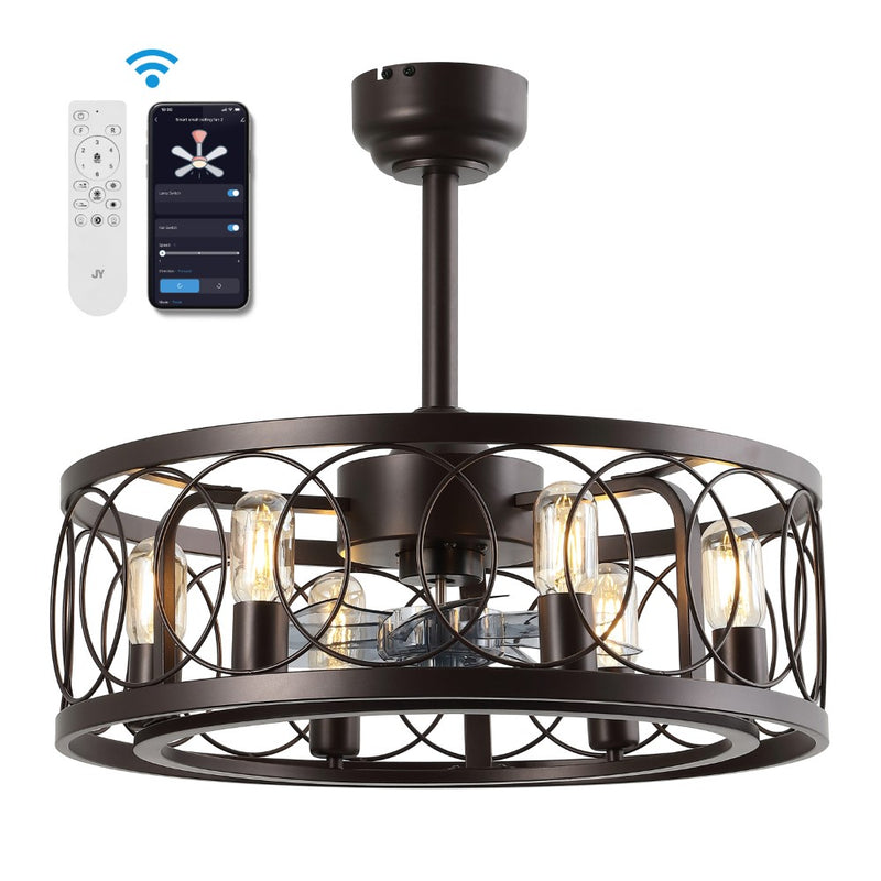 Celeste 21.6" 6-Light Industrial Farmhouse 6-Speed Metal Mobile-App/Remote-Controlled Caged LED Ceiling Fan - JONATHAN Y
