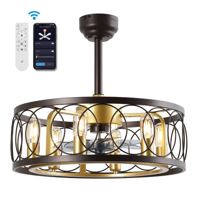 Celeste 21.6" 6-Light Industrial Farmhouse 6-Speed Metal Mobile-App/Remote-Controlled Caged LED Ceiling Fan - JONATHAN Y