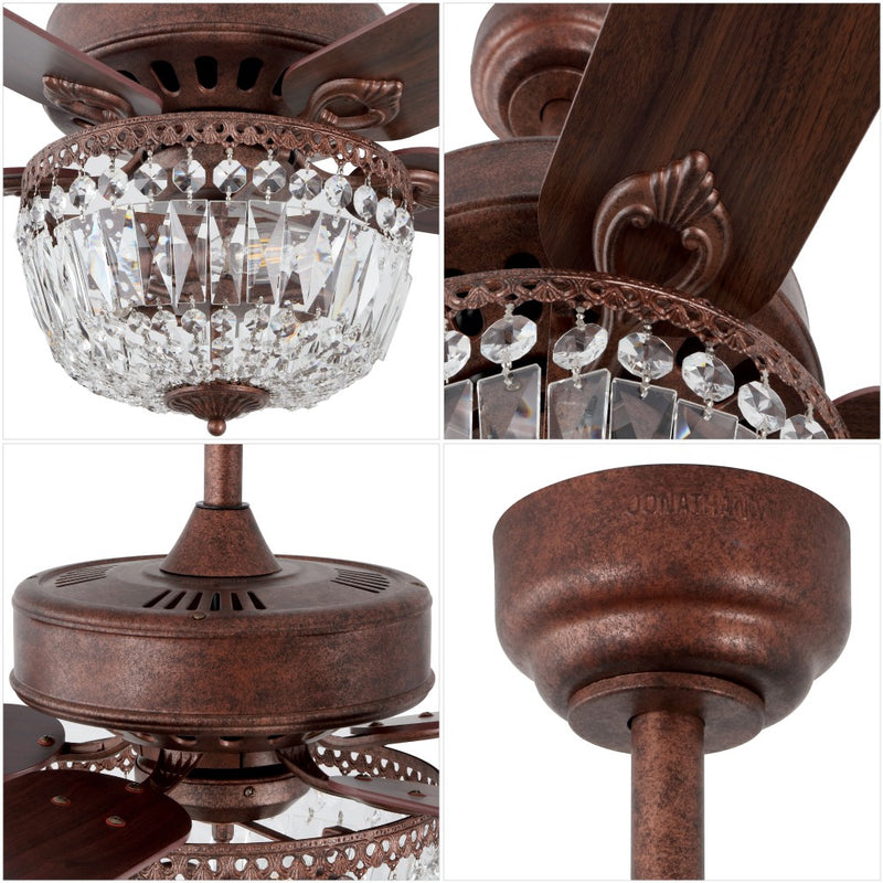 Neva 42" 3-Light Rustic Industrial 6-Speed Metal/Crystal Bowl Shade Mobile-App/Remote-Controlled LED Ceiling Fandelier