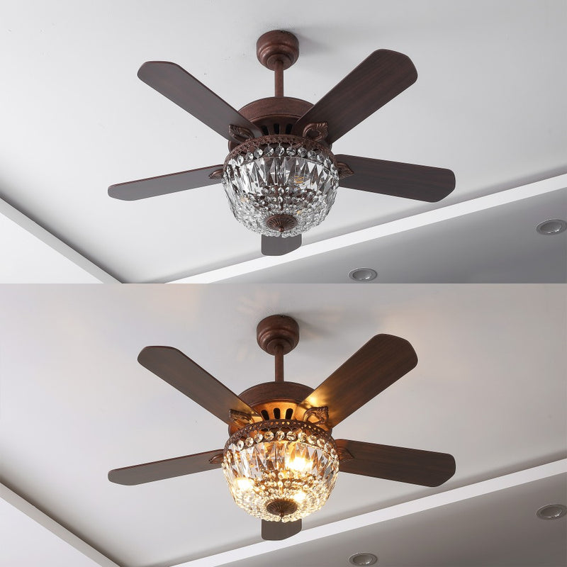 Neva 42" 3-Light Rustic Industrial 6-Speed Metal/Crystal Bowl Shade Mobile-App/Remote-Controlled LED Ceiling Fandelier