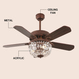 Neva 42" 3-Light Rustic Industrial 6-Speed Metal/Crystal Bowl Shade Mobile-App/Remote-Controlled LED Ceiling Fandelier
