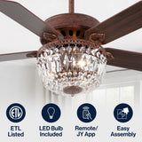 Neva 42" 3-Light Rustic Industrial 6-Speed Metal/Crystal Bowl Shade Mobile-App/Remote-Controlled LED Ceiling Fandelier