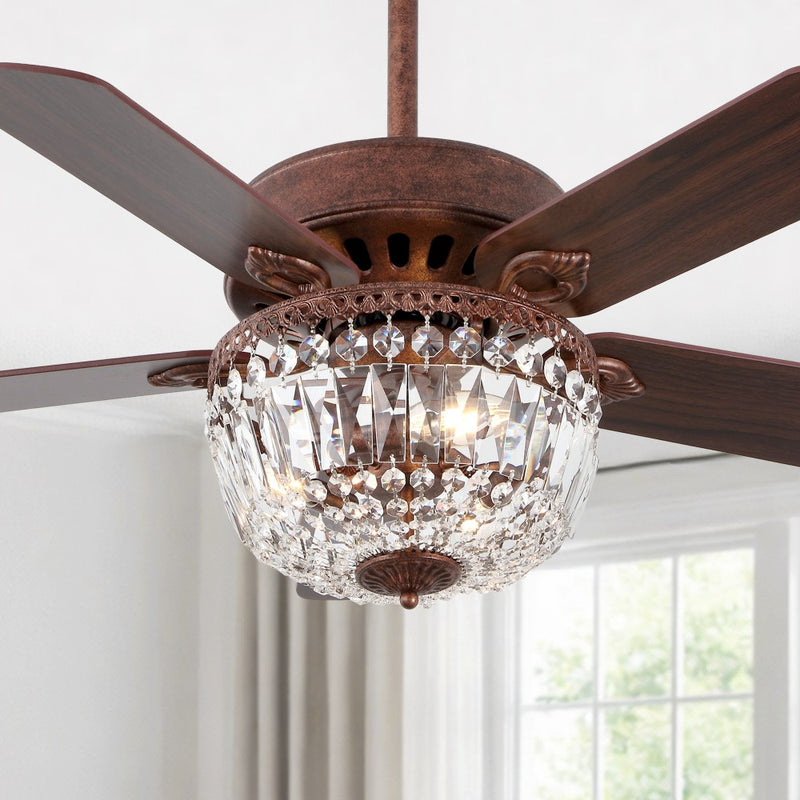 Neva 42" 3-Light Rustic Industrial 6-Speed Metal/Crystal Bowl Shade Mobile-App/Remote-Controlled LED Ceiling Fandelier