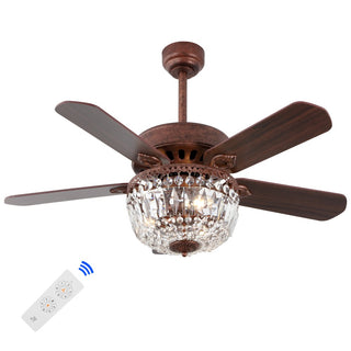 Neva 42" 3-Light Rustic Industrial 6-Speed Metal/Crystal Bowl Shade Mobile-App/Remote-Controlled LED Ceiling Fandelier