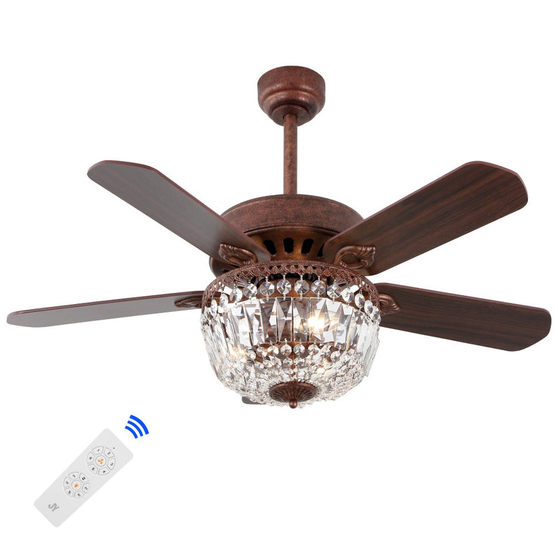 Neva 42" 3-Light Rustic Industrial 6-Speed Metal/Crystal Bowl Shade Mobile-App/Remote-Controlled LED Ceiling Fandelier