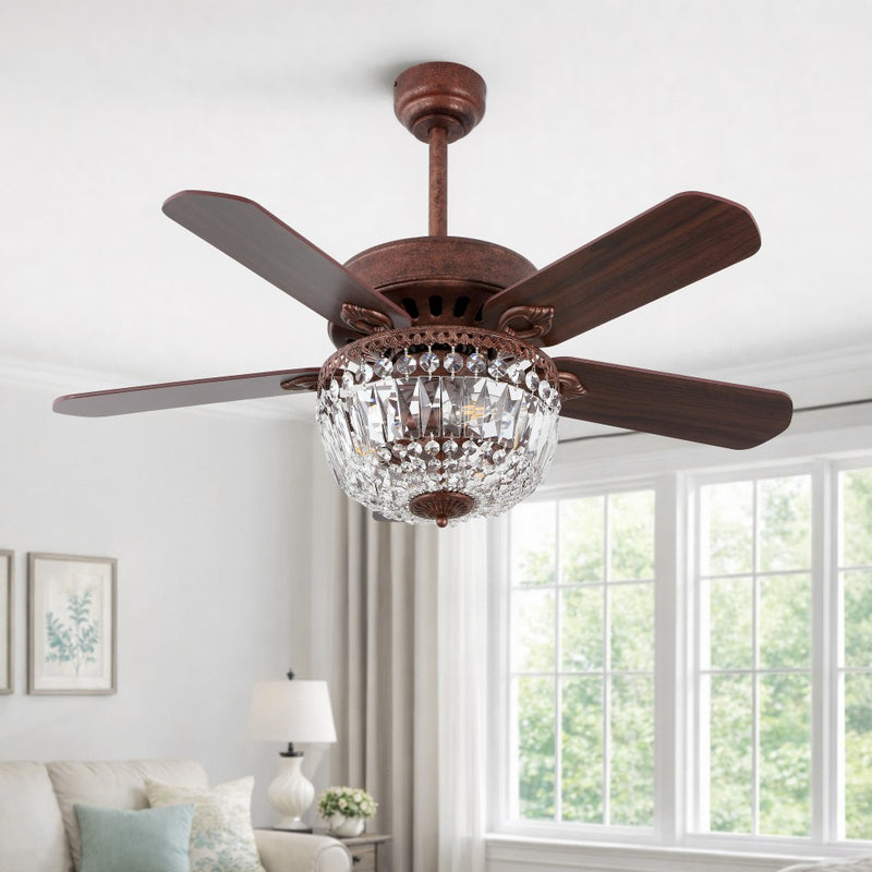 Neva 42" 3-Light Rustic Industrial 6-Speed Metal/Crystal Bowl Shade Mobile-App/Remote-Controlled LED Ceiling Fandelier