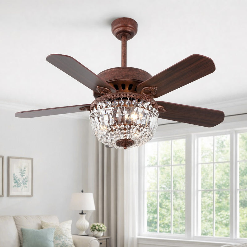 Neva 42" 3-Light Rustic Industrial 6-Speed Metal/Crystal Bowl Shade Mobile-App/Remote-Controlled LED Ceiling Fandelier