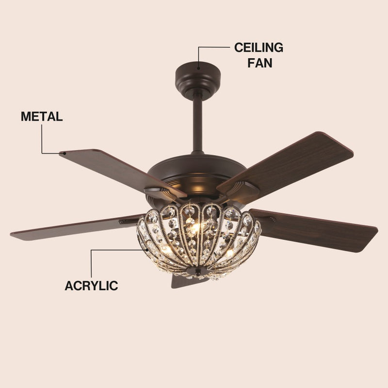 Reva 42" 3-Light Modern Coastal 6-Speed Metal/Crystal Scalloped Bowl Shade Mobile-App/Remote-Controlled LED Ceiling Fandelier