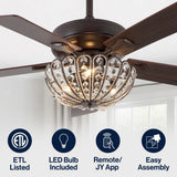 Reva 42" 3-Light Modern Coastal 6-Speed Metal/Crystal Scalloped Bowl Shade Mobile-App/Remote-Controlled LED Ceiling Fandelier