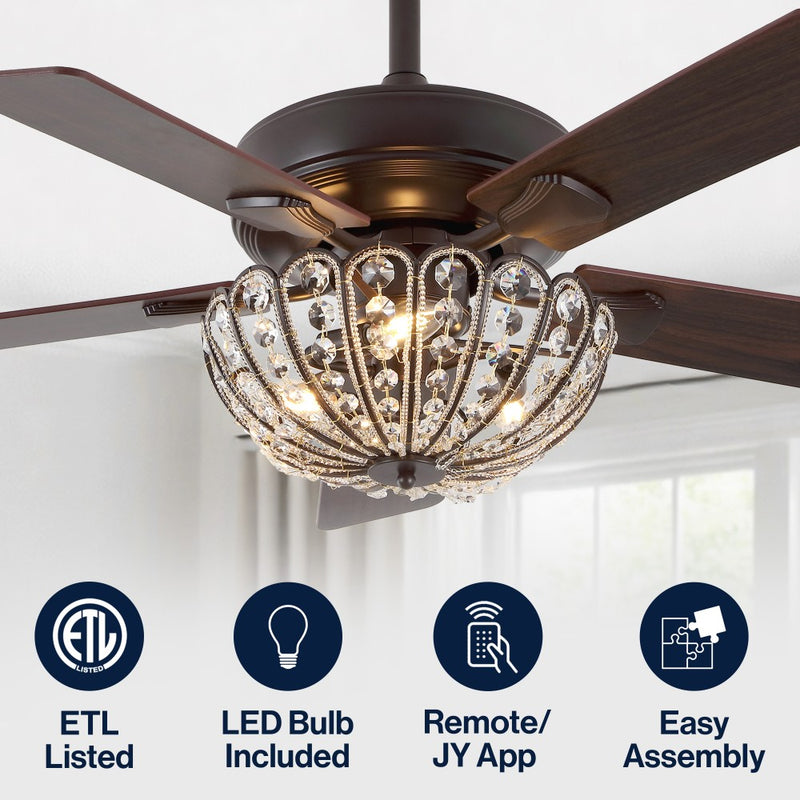 Reva 42" 3-Light Modern Coastal 6-Speed Metal/Crystal Scalloped Bowl Shade Mobile-App/Remote-Controlled LED Ceiling Fandelier