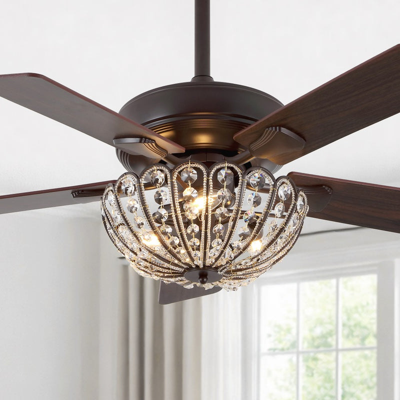 Reva 42" 3-Light Modern Coastal 6-Speed Metal/Crystal Scalloped Bowl Shade Mobile-App/Remote-Controlled LED Ceiling Fandelier