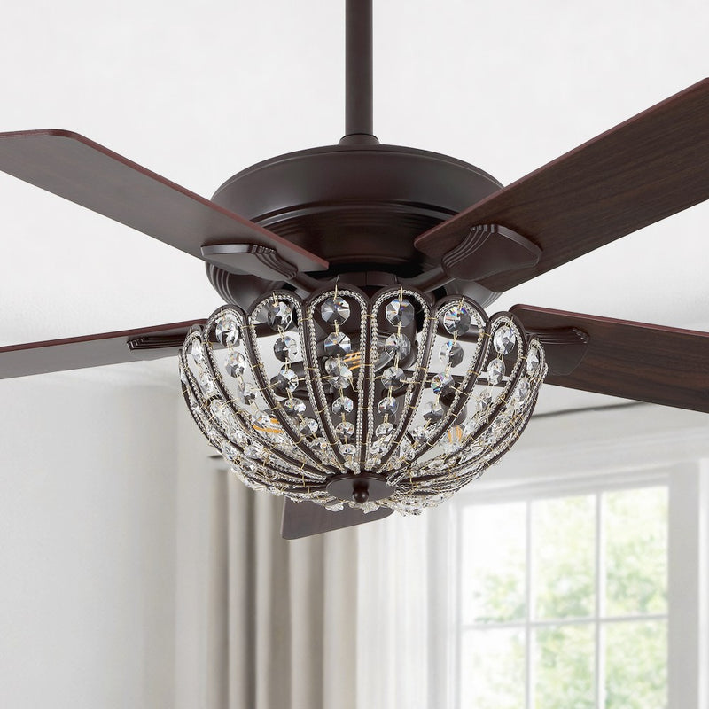Reva 42" 3-Light Modern Coastal 6-Speed Metal/Crystal Scalloped Bowl Shade Mobile-App/Remote-Controlled LED Ceiling Fandelier