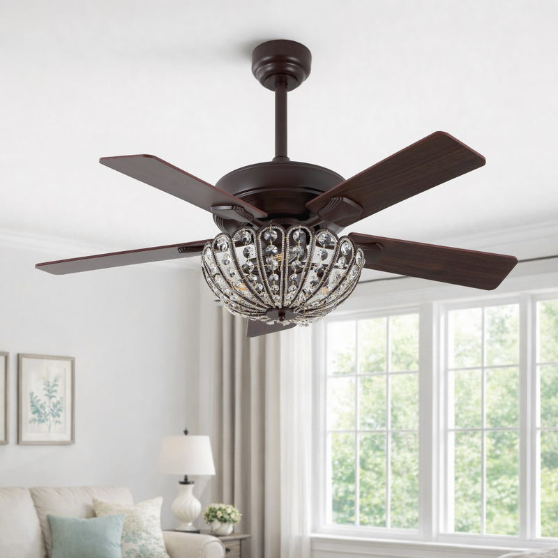 Reva 42" 3-Light Modern Coastal 6-Speed Metal/Crystal Scalloped Bowl Shade Mobile-App/Remote-Controlled LED Ceiling Fandelier
