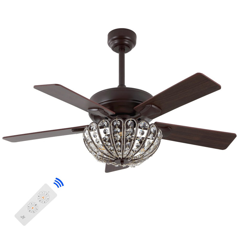 Reva 42" 3-Light Modern Coastal 6-Speed Metal/Crystal Scalloped Bowl Shade Mobile-App/Remote-Controlled LED Ceiling Fandelier