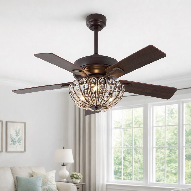 Reva 42" 3-Light Modern Coastal 6-Speed Metal/Crystal Scalloped Bowl Shade Mobile-App/Remote-Controlled LED Ceiling Fandelier