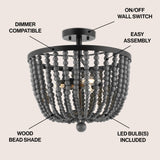 Drift Wood Bead 16" Bohemian Farmhouse Iron LED Semi Flush Mount - JONATHAN Y