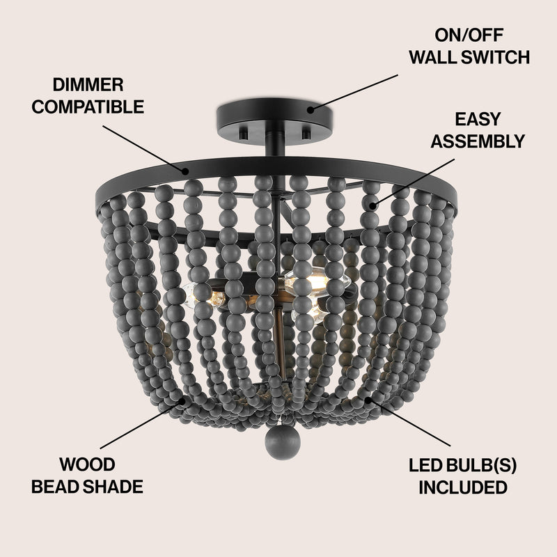 Drift Wood Bead 16" Bohemian Farmhouse Iron LED Semi Flush Mount - JONATHAN Y