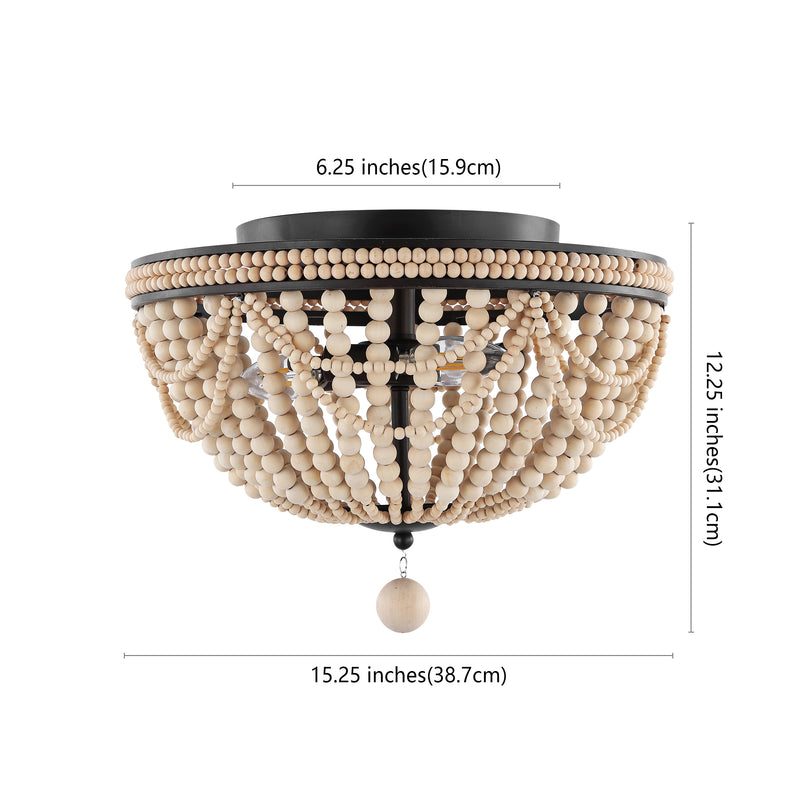 Dune Wood Bead 15.25" Bohemian Farmhouse Iron LED Semi Flush Mount - JONATHAN Y