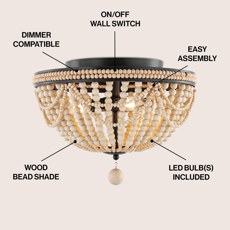 Dune Wood Bead 15.25" Bohemian Farmhouse Iron LED Semi Flush Mount - JONATHAN Y