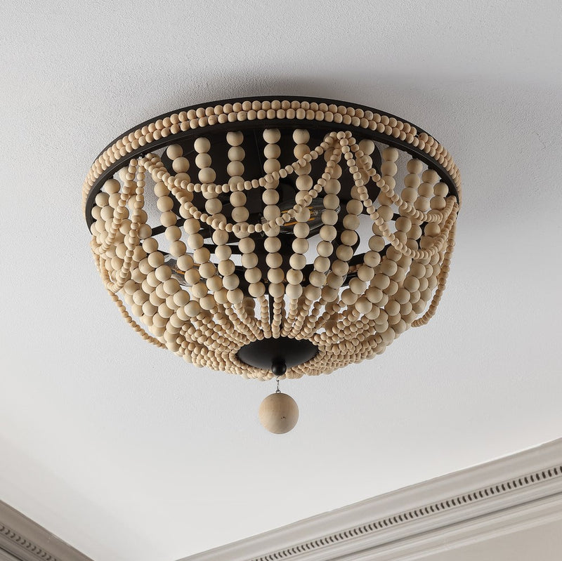 Dune Wood Bead 15.25" Bohemian Farmhouse Iron LED Semi Flush Mount - JONATHAN Y