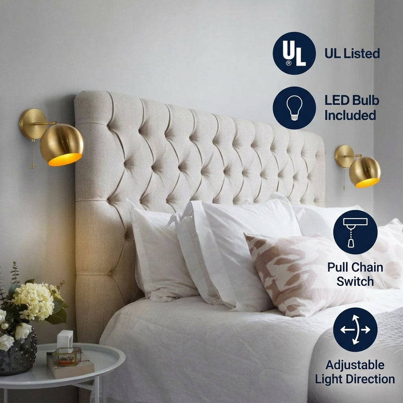 Tierra 7" Modern Midcentury Iron LED Sconce with Pull-Chain Switch Set 2 Brass Gold (Set of 2) / 1 Socket – ICONS