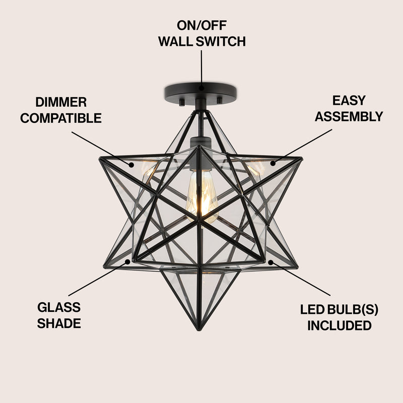 Ava 14.5" Farmhouse Bohemian Iron/Glass LED Semi Flush Mount - JONATHAN Y