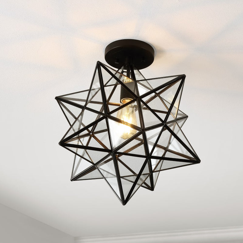 Ava 14.5" Farmhouse Bohemian Iron/Glass LED Semi Flush Mount - JONATHAN Y