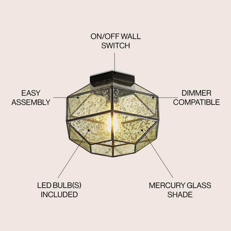 Evelyn 12.5" Vintage Farmhouse Iron/Glass LED Flush Mount - JONATHAN Y