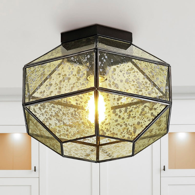 Evelyn 12.5" Vintage Farmhouse Iron/Glass LED Flush Mount - JONATHAN Y