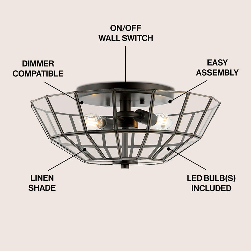 Theo 15.5" Farmhouse Rustic Iron/Glass LED Semi Flush Mount - JONATHAN Y