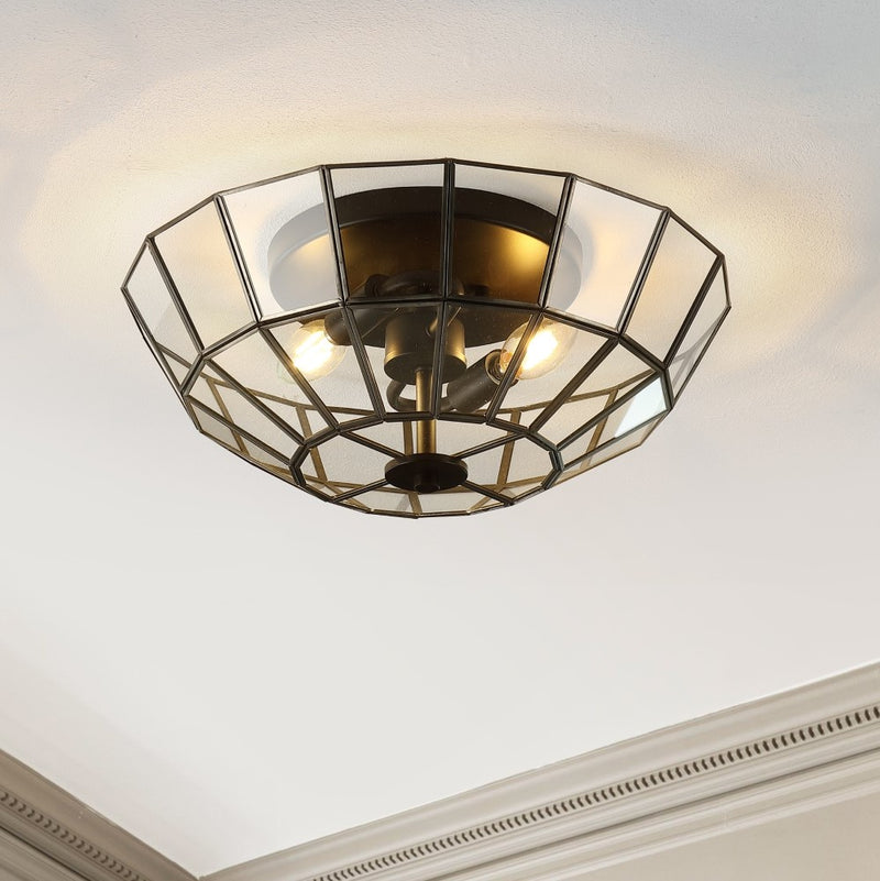 Theo 15.5" Farmhouse Rustic Iron/Glass LED Semi Flush Mount - JONATHAN Y