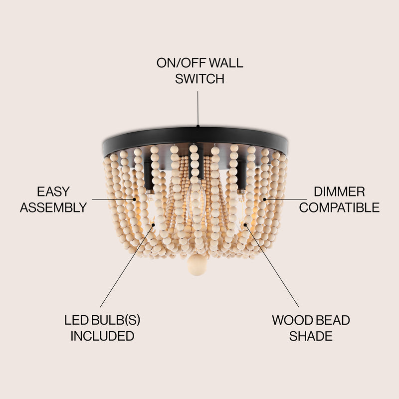 Eivissa 13" Coastal Farmhouse Iron/Wood Bead LED Flush Mount - JONATHAN Y
