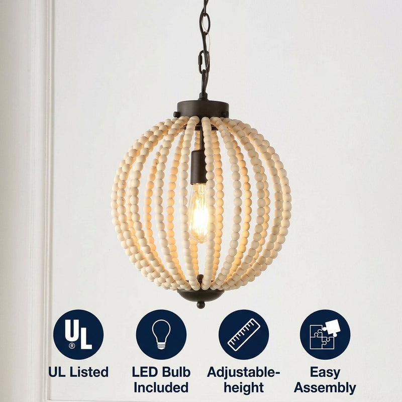 Abril 12.5"  Rustic Bohemian Iron/Wood Bead LED Pendant Oil Rubbed Bronze/Brown / 1 Socket – ICONS
