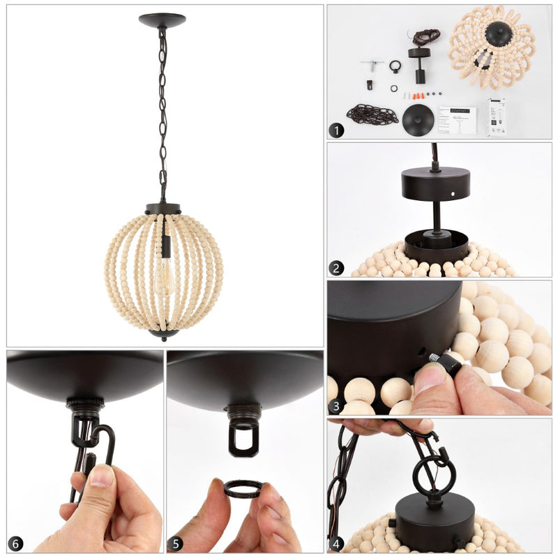Abril 12.5"  Rustic Bohemian Iron/Wood Bead LED Pendant - JONATHAN Y