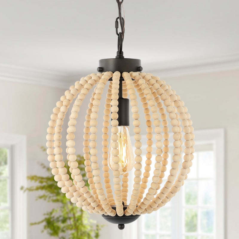 Abril 12.5"  Rustic Bohemian Iron/Wood Bead LED Pendant - JONATHAN Y