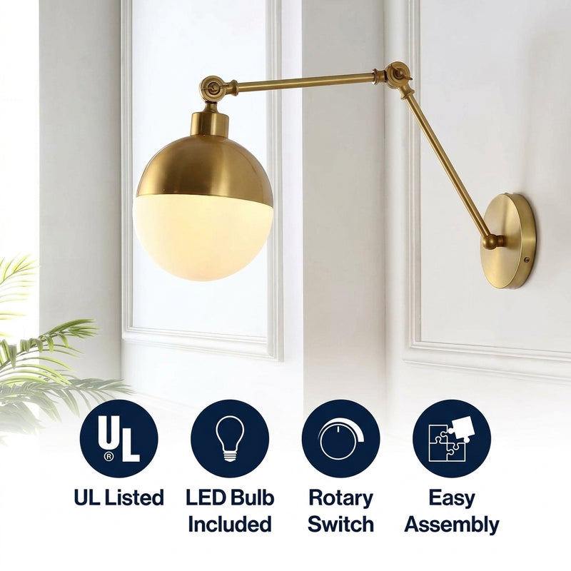 Alba 8"  Mid-Century Modern Arm-Adjustable Iron/Glass LED Sconce Brass Gold/Frosted / 1 Sockets – ICONS