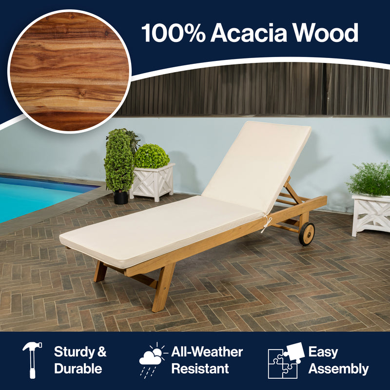 Mallorca 77.56"x23.62" Modern Classic Adjustable Acacia Wood Chaise Outdoor Lounge Chair with Cushion & Wheels