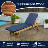 Mallorca 77.56"x23.62" Modern Classic Adjustable Acacia Wood Chaise Outdoor Lounge Chair with Cushion & Wheels