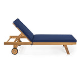 Mallorca 77.56"x23.62" Modern Classic Adjustable Acacia Wood Chaise Outdoor Lounge Chair with Cushion & Wheels - JONATHAN Y